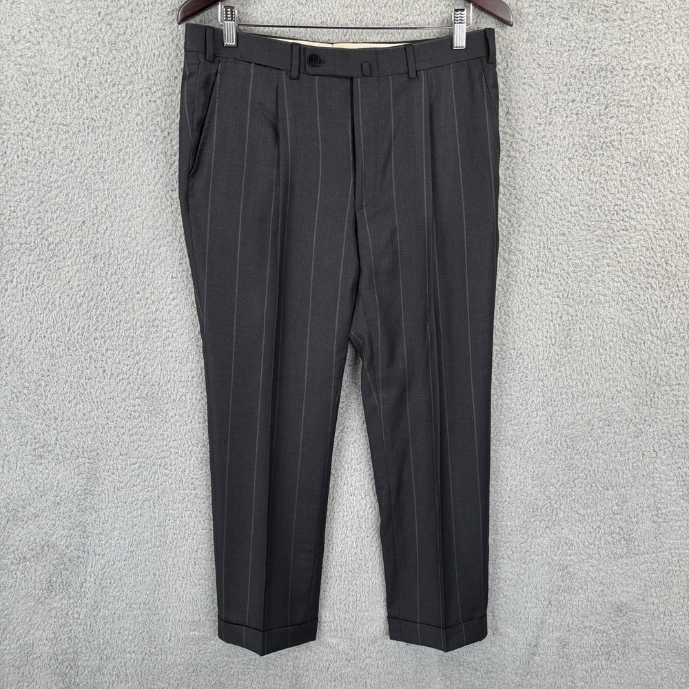 ISAIA Napoli Flat Front Dress Pants Men's 32x28 Black Chalk Stripe Made‎ Italy